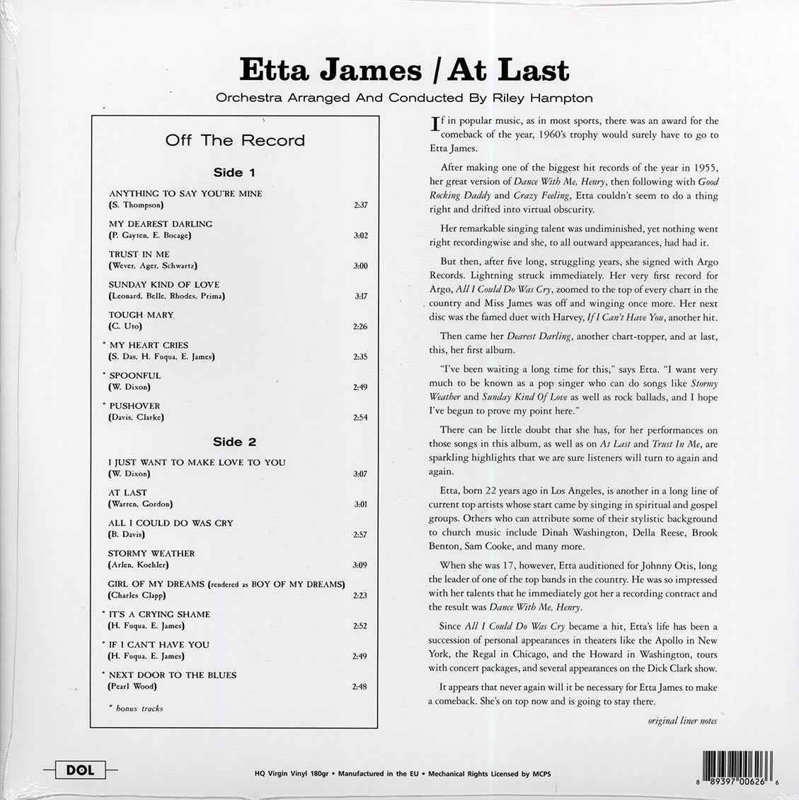 Etta James - At Last! - new sealed LP - orange 180gm HQ virgin vinyl