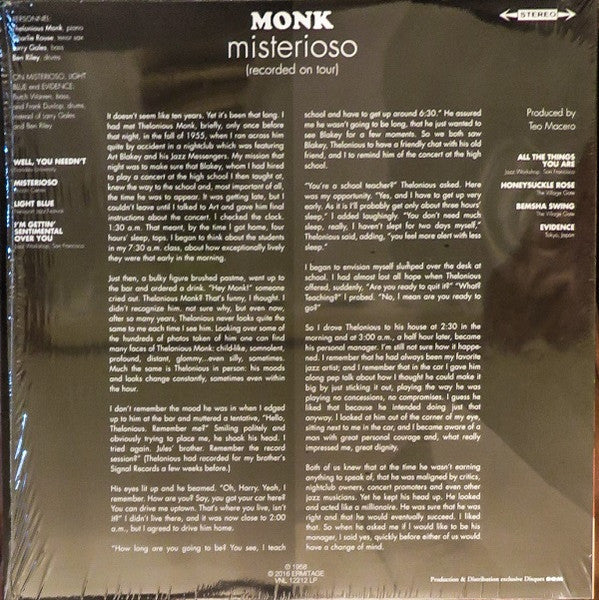 Thelonious Monk Quartet – Misterioso (Recorded On Tour) - new LP sealed 180gm